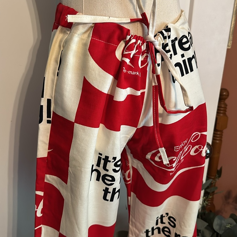 Vintage 1970’s women’s 100% cotton S Coca-Cola flare drawstring red white pants - Picture 3 of 16